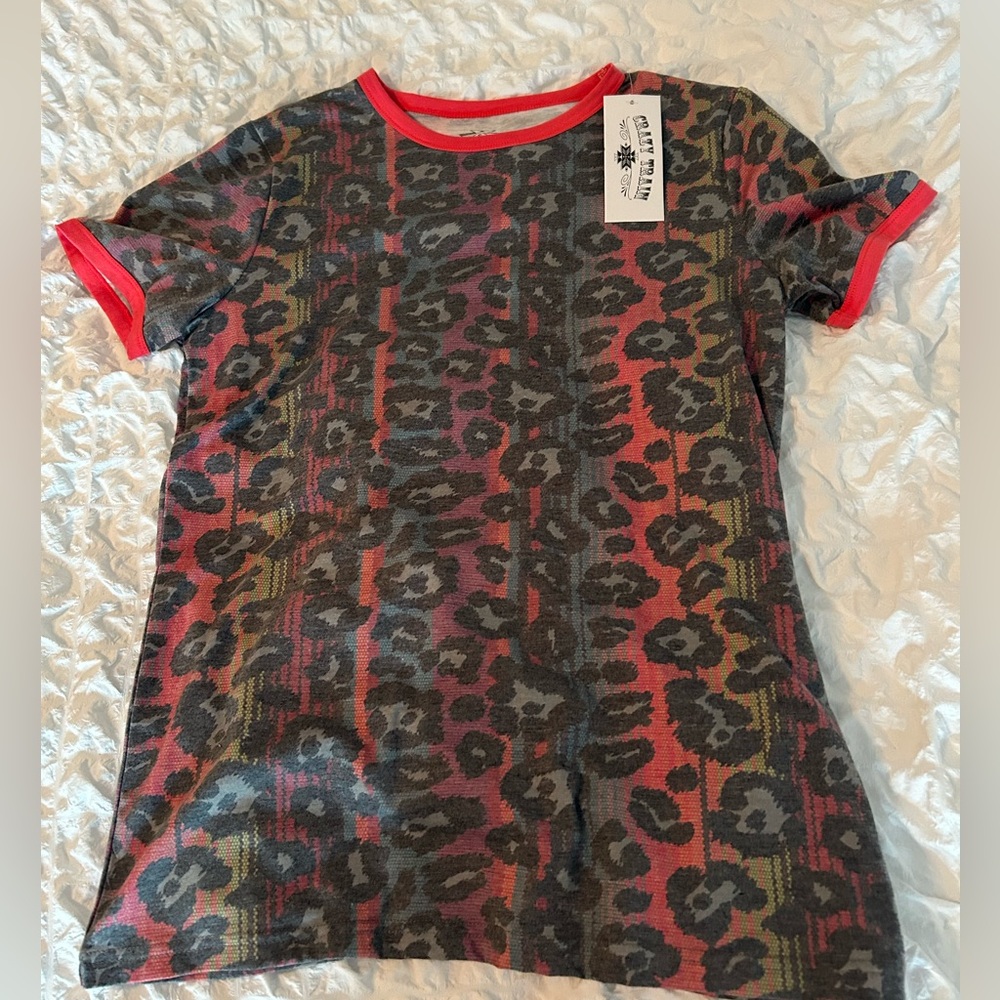 Crazy Train Leopard Print Tee Shirt | Pink & Gray | Size Small | NWT